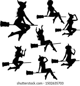 Vector set of beautiful sexy witch silhouettes flying on broomstick isolated on white background. Collection of halloween black icons for you design.