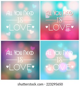 Vector set of beautiful soft focus, bokeh, glittering Valentine's Day background illustrations  with text