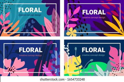 Vector set of beautiful template pattern with floral elements. Simple color leaves shape and flower on dark background. Flat style pattern design with frame and header for web site and greeting card