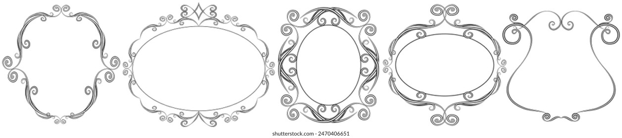 Vector set of beautiful vintage black and white outline frames with beautiful ornate swirls.