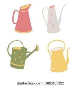 Vector set of beautiful watering cans. Spring gardening concept. Cartoon handdrawn style. Isolated white background.