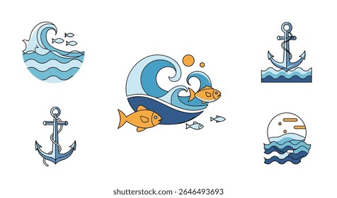 Vector set of beautiful wave and anchor design elements for marine illustration