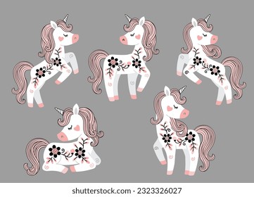 Vector set of beautiful white unicorns with flowers and pink tail and mane