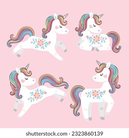 Vector set of beautiful white unicorns with flowers and rainbow mane and tail