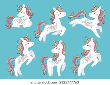 Vector set of beautiful white unicorns with flowers and rainbow mane and tail