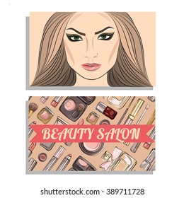 Vector set of beautiful woman face with make-up pattern.