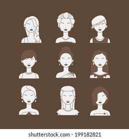 Vector set of beautiful woman faces with evening makeup and dress, isolated 