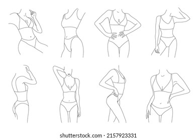 Vector set of beautiful women body illustrations. Minimalist linear female figure. Abstract lingerie, bikini sensual line art. Body positive 