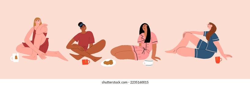 Vector set of beautiful women of different ethnicity and skin color wearing pajamas drinking tea. Girlfriends in pajamas. Bedtime illustrations of women isolated on beige.