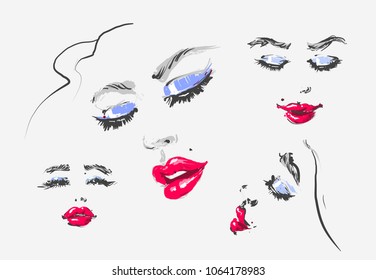 Vector set beautiful women icon portraits with different haircut and oval type faces hand drawn fashion sensual illustration