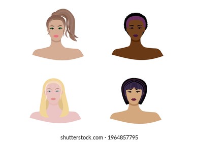 Vector set beautiful women icon portraits with different types of haircut, hair color and skin color.