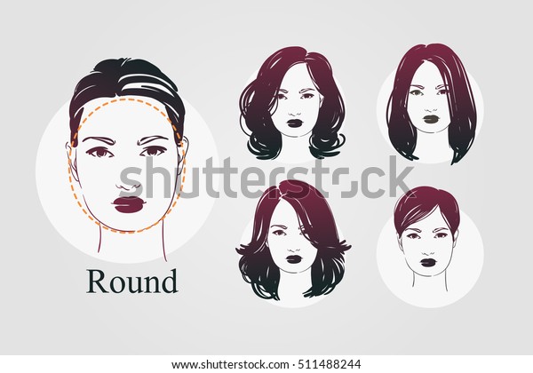 髪の毛や丸い顔の美しい女性のアイコンポートレートをベクター画像セット 手描きのイラスト のベクター画像素材 ロイヤリティフリー