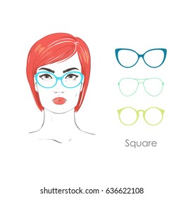 Vector set beautiful women portrait with different haircuts and shape of glasses for square type faces. Hand drawn illustration.