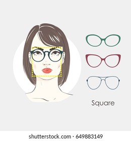 Vector set beautiful women portrait with different haircuts and shape of glasses for square type faces. Hand drawn illustration.