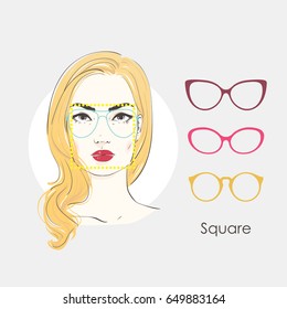 Vector set beautiful women portrait with different haircuts and shape of glasses for square type faces. Hand drawn illustration.