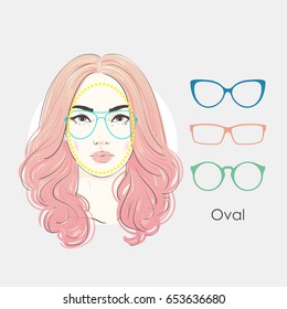 Vector set beautiful women portrait with different haircuts and shape of glasses for oval type of faces. Hand drawn illustration.