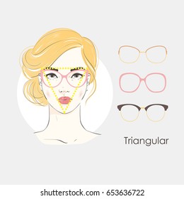Vector set beautiful women portrait with different haircuts and shape of glasses for triangular type of faces. Hand drawn illustration.