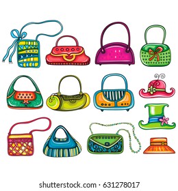 Conjunto vectorial de bolsos, bolsas y sombreros de mujer coloridos y hermosamente diseñados para chicas elegantes. Cuidar diferentes formas, impresiones y estilos. Caricatura Elementos de diseño de moda modernos aislados de fondo blanco