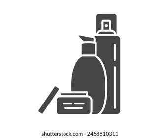 Vector set of beauty, cosmetics and care black icons. Bottle, jar, shower gel, face cream, body lotion, spray, ointment, paste.