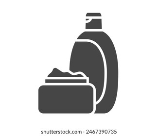 Vector set of beauty, cosmetics and care black icons. Bottle, jar, shower gel, face cream, body lotion, spray, ointment, paste.