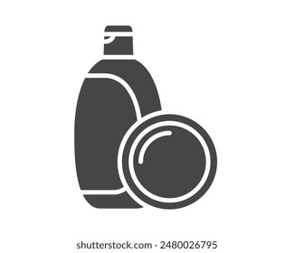 Vector set of beauty, cosmetics and care black icons. Bottle, jar, shower gel, face cream, body lotion, spray, ointment, paste.