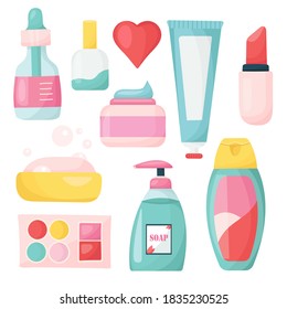 Vector Set of Beauty Elements and Cosmetics in Cartoon style. Hygiene Products for Washing, Skin and Body Care. Woman's Accessories. Isolated on white background.  cream,shampoo,soap,lipstick.