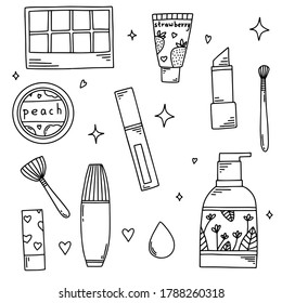 Vector set of beauty elements, lipstick, cream, eyeshadow, brush, powder, blush. Make up doodle illustration set.