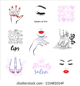 Vector Set Beauty Logo, woman's health care and beauty, logo sign sticker or label of Beauty Salon, Fashion Shoes Style, Manicure Pedicure Art, Eyelashes Brows, Professional makeup, Lips kiss, Hearts.