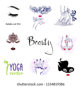 Vector Set Beauty Logo, woman's health care and beauty, logo sign sticker or label of Beauty Salon, Fashion Shoes Style, Manicure Pedicure Art, Eyelashes Brows, Professional makeup, Mask, Yoga center.