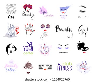 Vector Set Beauty Logo, woman's health care and beauty, logo sign sticker or label of Beauty Salon, Fashion Shoes, Manicure Pedicure Art, Eyelashes Brows, Professional makeup, Lips kiss, Yoga, Fitness