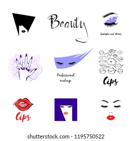 Vector Set Beauty Logo, woman's health care and beauty, logo sign sticker or label of Beauty Salon, Fashion Shoes, Manicure Pedicure Art, Eyelashes Brows, Professional makeup, Lips kiss, Spa, Yoga.