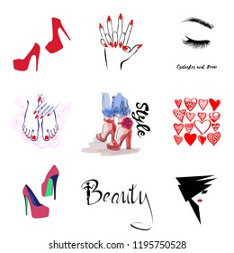 Vector Set Beauty Logo, woman's health care and beauty, logo sign sticker or label of Beauty Salon, Fashion Shoes, Manicure Pedicure Art, Eyelashes Brows, Professional makeup, Lips kiss, Spa, Yoga.