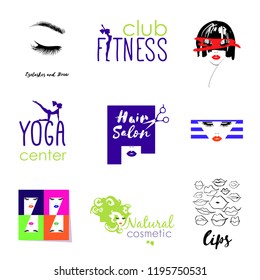 Vector Set Beauty Logo, woman's health care and beauty, logo sign sticker or label of Beauty Salon, Fashion Shoes, Manicure Pedicure Art, Eyelashes Brows, Professional makeup, Lips kiss, Spa, Yoga.