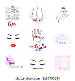 Vector Set Beauty Logo, woman's health care and beauty, logo sign sticker or label of Beauty Salon, Fashion Shoes, Manicure Pedicure Art, Eyelashes Brows, Professional makeup, Lips kiss, Spa, Yoga.