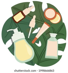 Vector set of beauty products: face serum, lip balm, eye cream, hand dcream and cleansing foam with blank labels lying on tropical leaves