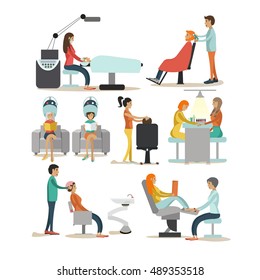 Vector set of beauty salon characters isolated on white background. Haircut, manicure, cosmetic and make up atelier. Women in beauty studio illustration in flat cartoon style.