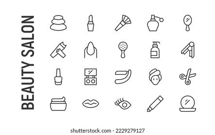 Vector set of beauty salon thin line icons. Design of 20 stroke pictograms. Signs of beauty salon isolated on a white background.