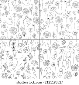 Vector set of beauty seamless patters. Line art with woman faces, flowers, leaves. Linear nature background. Use for package, cosmetics, decor.