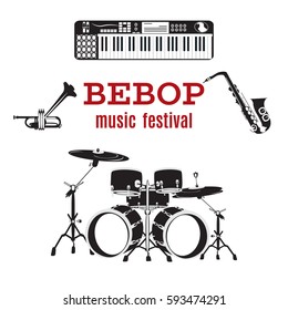 Vector set of bebop jazz music instruments. Flat style black and white design elements isolated.