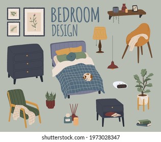 Vector set of bedroom accessories and furniture. Hand drawn home room interior isolated objects. Bed, chair, nightstand, alaram clock, lamp