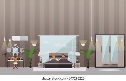 Vector set of bedroom flat style design elements. Family couple taking rest in bed, woman sitting on chair in front of dressing table and combing her hair. Home bedroom interior.