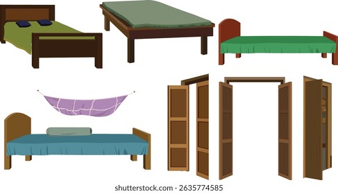 Vector Set of Bedroom Furniture – Beds, Hammock, and Wooden Closet Illustrations