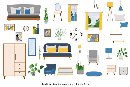 Vector set of bedroom furniture. Sofa, armchair, wardrobe, bedside table, mirror, chest of drawers, rug, floor lamp, chandelier