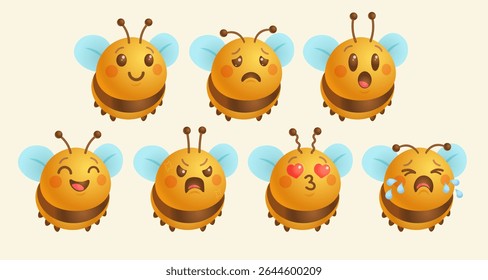 Vector set of bee emoji in cute kawaii realistic style. Vector bee in 3D style. Different moods.