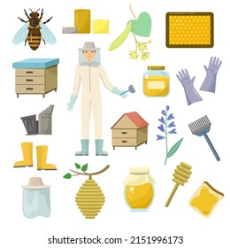 Vector set of beekeeping and apiculture design elements. Beeswax and honey clip art. Beekeeper man cartoon illustration. 