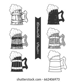 Vector set of beer.Mug of beer.Retro style.