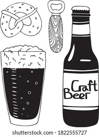 Vektorset. Eine Bierflasche, ein Glas, eine öffnete Flasche und ein Brezel. Grafiken. handgezeichnet