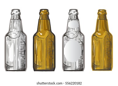 Vector set of beer bottle ink hand drawn style,isolated on white. Fresh craft beer. Vintage poster for cold ale.Doodle Style.