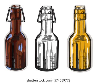 Vector set of beer bottle ink hand drawn style,isolated on white. Fresh craft beer. Vintage poster for cold ale.Doodle Style.