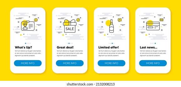 Vector set of Beer bottle, Sale offer and Identification card line icons set. UI phone app screens with line icons. Credit card icon. Brewery, Gift box, Person document. Phone UI banners. Vector